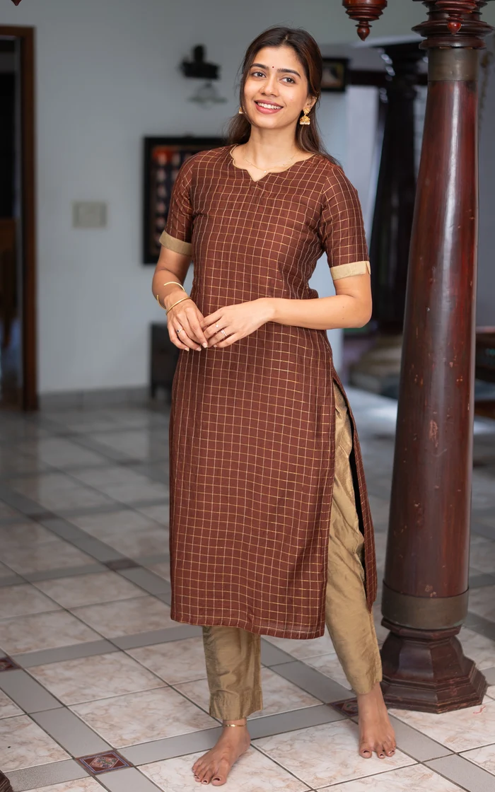 Brown with Dark Beige Checked Straight Salwar set